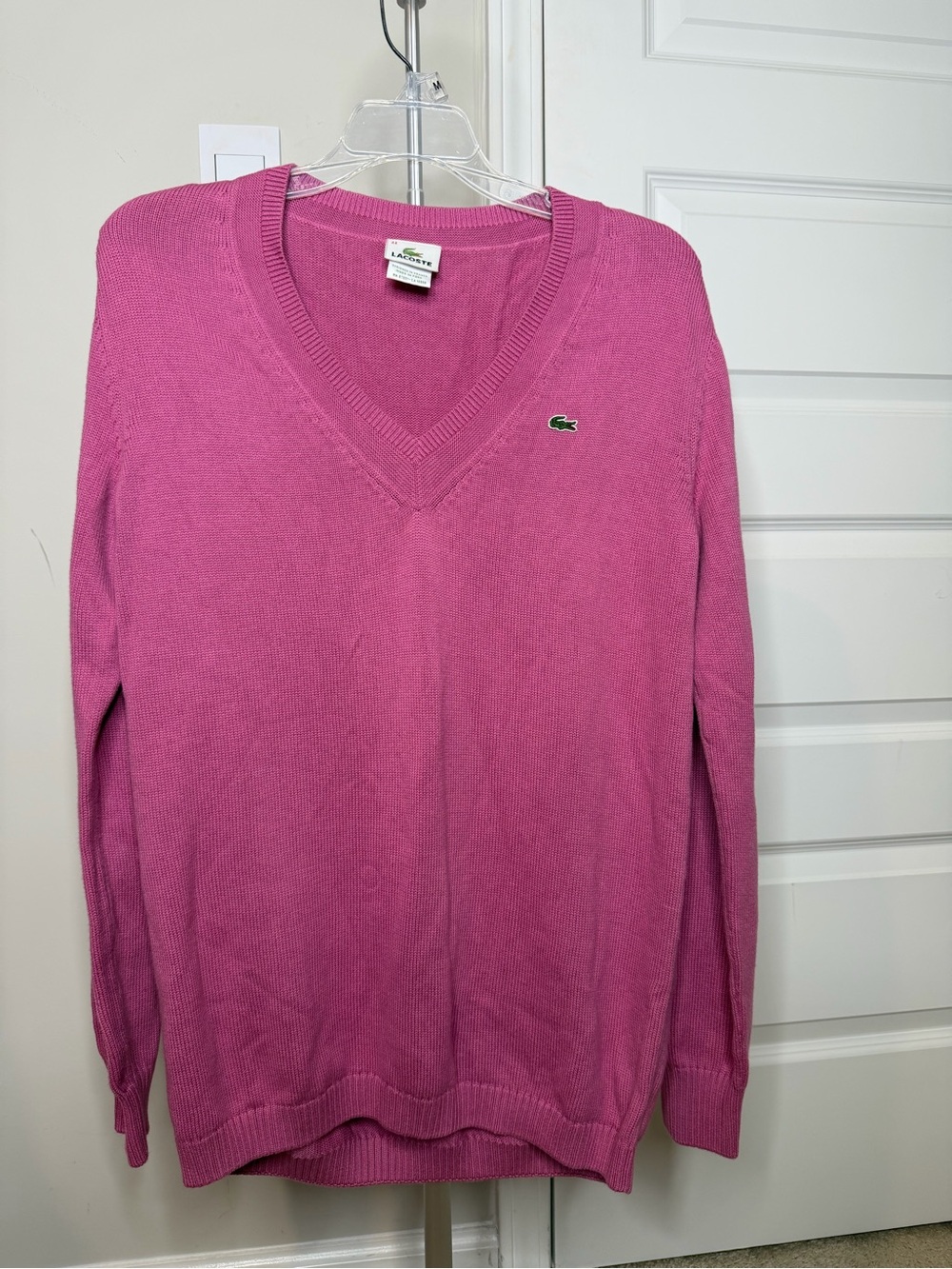 Lacoste Women’s Raspberry Pink V-Neck Cotton Sweater